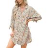 CUPSHE Women Mini Summer Dress Cover Up Oversize Floral Shirt 3/4 Sleeve Cuff Tie Button Down Beach Dresses Cover Up Top(Orange Floral)