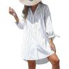CUPSHE Women Mini Summer Dress Cover Up Oversize Floral Shirt 3/4 Sleeve Cuff Tie Button Down Beach Dresses Cover Up Top(White Pinstriped)