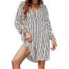CUPSHE Women Mini Summer Dress Cover Up Oversize Floral Shirt 3/4 Sleeve Cuff Tie Button Down Beach Dresses Cover Up Top(White Striped)
