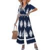 CUPSHE Women Paisley Summer Jumpsuits Beach Vacation V Neck Short Sleeve Smocked High Waist Wid Leg Jumpsuit with Pockets(Navy Blue)