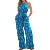 CUPSHE Women’s Casual Loose Overalls Jumpsuits High Neck Sleeveless Wide Leg Boho One Piece Rompers With Pockets(Floral Blue)