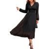 CUPSHE Women’s Fall V Neck Long Sleeve Maxi Dresses Smocked Waist Elegant Cocktail Wedding Guest Dress(Black)