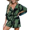 CUPSHE Women’s Jumpsuits Boho Short Sleeve V Neck Wide Leg Overall Tie Outfit Casual Beach(Black/Green Leaves)