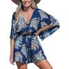 CUPSHE Women’s Jumpsuits Boho Short Sleeve V Neck Wide Leg Overall Tie Outfit Casual Beach(Navy/Yellow Leaves)