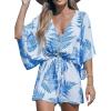 CUPSHE Women’s Jumpsuits Boho Short Sleeve V Neck Wide Leg Overall Tie Outfit Casual Beach(White/Blue Leaves)