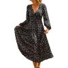 CUPSHE Womens Maxi Fall Dresses V Neck Casual Long Sleeve Smocked Floral Long Flowy Smocked Formal Wedding Guest Dress(Black Floral)