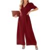 CUPSHE Womens Maxi Jumpsuit Dressy V Neck Half Sleeves Wide Leg Tunic Waist Pockets One Piece Outfit Overall Casual Romper(Burgundy)