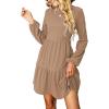 CUPSHE Women’s Mini Fall Dresses Knit Casual Long Sleeve Crew Neck Flowy Tiered Ruffled Short Sweater Dress(Camel)