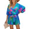 CUPSHE Women’s Mini Romper Summer Beach Vacation Loose Fit Half Sleeve V Neck Resort Wear Tropical Holiday Short Jumpsuit(Blue Pattern)