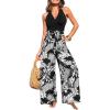 CUPSHE Women’s One Piece Jumpsuits V Neck Tie Back Rompers Summer Printed Overalls Jumpers Wide Leg Pant Vacation Outfits(Black)