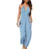 CUPSHE Women’s Plunge Halter Sleeveless Pleated Long Romper Knit Jogger Maxi Jumpsuit with Pockets(Blue)
