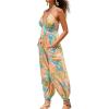 CUPSHE Women’s Plunge Halter Sleeveless Pleated Long Romper Knit Jogger Maxi Jumpsuit with Pockets(Blue Paisley)