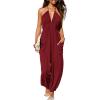 CUPSHE Women’s Plunge Halter Sleeveless Pleated Long Romper Knit Jogger Maxi Jumpsuit with Pockets(Burgundy)