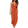 CUPSHE Women’s Plunge Halter Sleeveless Pleated Long Romper Knit Jogger Maxi Jumpsuit with Pockets(Burnt Orange)