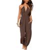 CUPSHE Women’s Plunge Halter Sleeveless Pleated Long Romper Knit Jogger Maxi Jumpsuit with Pockets(Coffee)
