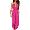 CUPSHE Women’s Plunge Halter Sleeveless Pleated Long Romper Knit Jogger Maxi Jumpsuit with Pockets(Hot Pink)