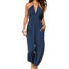 CUPSHE Women’s Plunge Halter Sleeveless Pleated Long Romper Knit Jogger Maxi Jumpsuit with Pockets(Navy Blue)