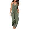 CUPSHE Women’s Plunge Halter Sleeveless Pleated Long Romper Knit Jogger Maxi Jumpsuit with Pockets(Olive Green)