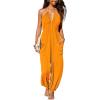CUPSHE Women’s Plunge Halter Sleeveless Pleated Long Romper Knit Jogger Maxi Jumpsuit with Pockets(Orange)
