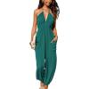 CUPSHE Women’s Plunge Halter Sleeveless Pleated Long Romper Knit Jogger Maxi Jumpsuit with Pockets(Peacock)