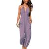 CUPSHE Women’s Plunge Halter Sleeveless Pleated Long Romper Knit Jogger Maxi Jumpsuit with Pockets(Purple)