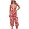 CUPSHE Women’s Plunge Halter Sleeveless Pleated Long Romper Knit Jogger Maxi Jumpsuit with Pockets(Red Paisley)