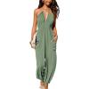 CUPSHE Women’s Plunge Halter Sleeveless Pleated Long Romper Knit Jogger Maxi Jumpsuit with Pockets(Sage Green)