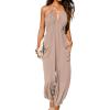 CUPSHE Women’s Plunge Halter Sleeveless Pleated Long Romper Knit Jogger Maxi Jumpsuit with Pockets(Sand)