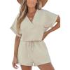 CUPSHE Women’s Romper Knit V Neck Short Sleeves Drawstring Waist Straight leg Outfit Casual Dressy(Beige)
