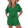 CUPSHE Women’s Romper Knit V Neck Short Sleeves Drawstring Waist Straight leg Outfit Casual Dressy(Emerald Green)