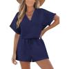CUPSHE Women’s Romper Knit V Neck Short Sleeves Drawstring Waist Straight leg Outfit Casual Dressy(Navy Blue)