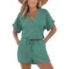 CUPSHE Women’s Romper Knit V Neck Short Sleeves Drawstring Waist Straight leg Outfit Casual Dressy(Teal Green)