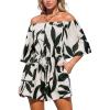 CUPSHE Women’s Summer Casual 3/4 Sleeve Romper Wide Leg Floral Tropical Off Shoulder Elastic Waist Jumpsuit with Pockets(Black)