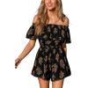 CUPSHE Women’s Summer Casual 3/4 Sleeve Romper Wide Leg Floral Tropical Off Shoulder Elastic Waist Jumpsuit with Pockets(Black Floral)