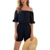 CUPSHE Women’s Summer Casual 3/4 Sleeve Romper Wide Leg Floral Tropical Off Shoulder Elastic Waist Jumpsuit with Pockets(Black Soild)