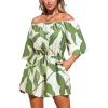 CUPSHE Women’s Summer Casual 3/4 Sleeve Romper Wide Leg Floral Tropical Off Shoulder Elastic Waist Jumpsuit with Pockets(Green)