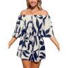 CUPSHE Women’s Summer Casual 3/4 Sleeve Romper Wide Leg Floral Tropical Off Shoulder Elastic Waist Jumpsuit with Pockets(Navy)