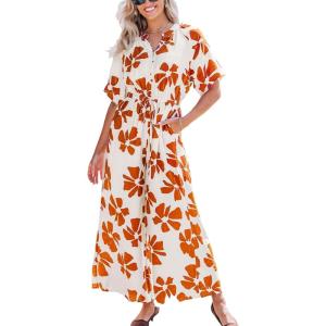 CUPSHE Jumpsuits for Women Dressy Botton Down Floral Print Overalls V Neck Shorts Sleeves Wide Leg Rompers Vacation Outfits(Brown)