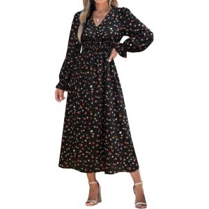CUPSHE Maxi Dresses for Women V Neck Ruffled Long Sleeve Paisley Smocked Waist A Line Casual Flowy Fall Wedding Guest Dress(Black Floral)