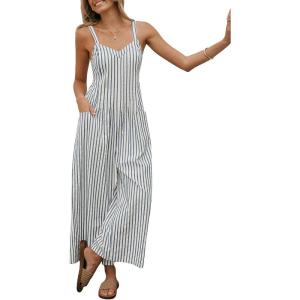 CUPSHE Maxi Jumpsuit for Women Striped Sleeveless Smocked Cutout Back Wide Leg Summer Casual Overall Romper(Blue Striped)