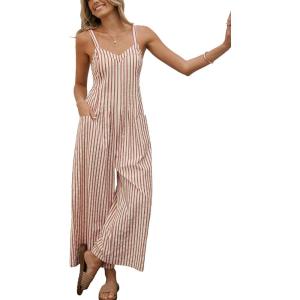 CUPSHE Maxi Jumpsuit for Women Striped Sleeveless Smocked Cutout Back Wide Leg Summer Casual Overall Romper(Red Striped)