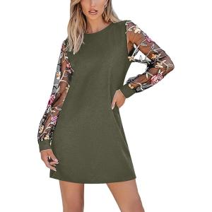 CUPSHE Mini Dresses for Women Round Neck Sheer Long Sleeve Floral Knit A Line Fall Casual Dress(Olive Green)