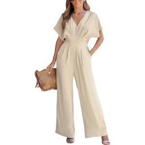 CUPSHE One Piece Jumpsuits for Women Casual Summer V Neck Batwing Sleeve Wide Leg Elegant Overalls Sexy Vacation Outfits(Beige)