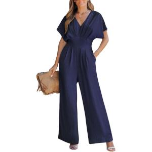 CUPSHE One Piece Jumpsuits for Women Casual Summer V Neck Batwing Sleeve Wide Leg Elegant Overalls Sexy Vacation Outfits(Blue Black)