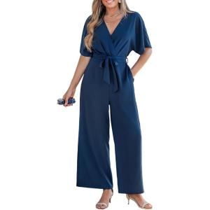 CUPSHE One Piece Jumpsuits for Women Casual Summer V Neck Batwing Sleeve Wide Leg Elegant Overalls Sexy Vacation Outfits(Dark Blue)
