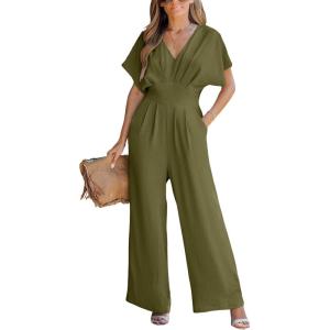 CUPSHE One Piece Jumpsuits for Women Casual Summer V Neck Batwing Sleeve Wide Leg Elegant Overalls Sexy Vacation Outfits(Dark Green)