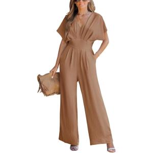 CUPSHE One Piece Jumpsuits for Women Casual Summer V Neck Batwing Sleeve Wide Leg Elegant Overalls Sexy Vacation Outfits(Khaki)