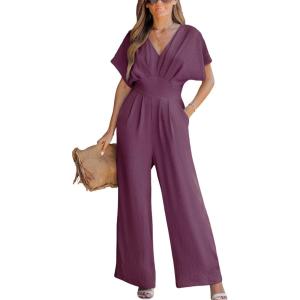 CUPSHE One Piece Jumpsuits for Women Casual Summer V Neck Batwing Sleeve Wide Leg Elegant Overalls Sexy Vacation Outfits(Purple)