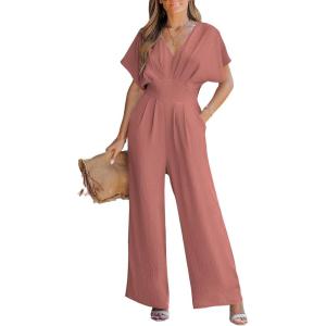 CUPSHE One Piece Jumpsuits for Women Casual Summer V Neck Batwing Sleeve Wide Leg Elegant Overalls Sexy Vacation Outfits(Rose Red)