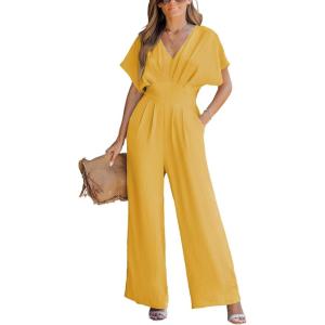 CUPSHE One Piece Jumpsuits for Women Casual Summer V Neck Batwing Sleeve Wide Leg Elegant Overalls Sexy Vacation Outfits(Sand)